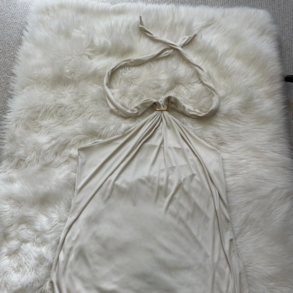 Women's Ivory/Off White/Cream Tie neck Draped fabric Halter Top - Picture 5 of 13